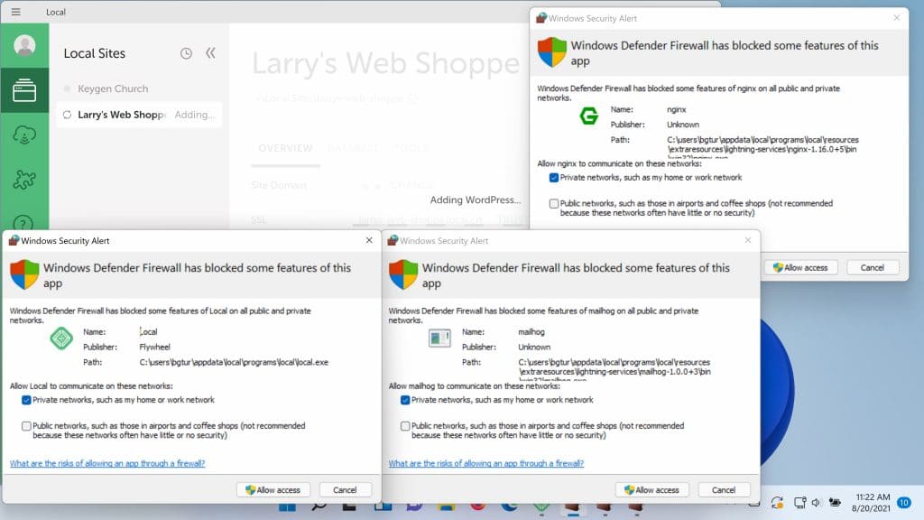 A screenshot of the various Windows Defender popups that show the first time creating a site in Local.