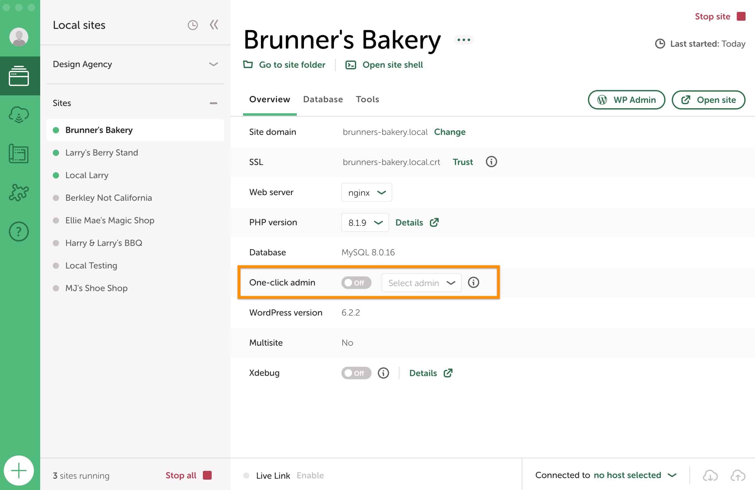 Local's One-click admin feature is currently turned off on the site Brunner's Bakery.