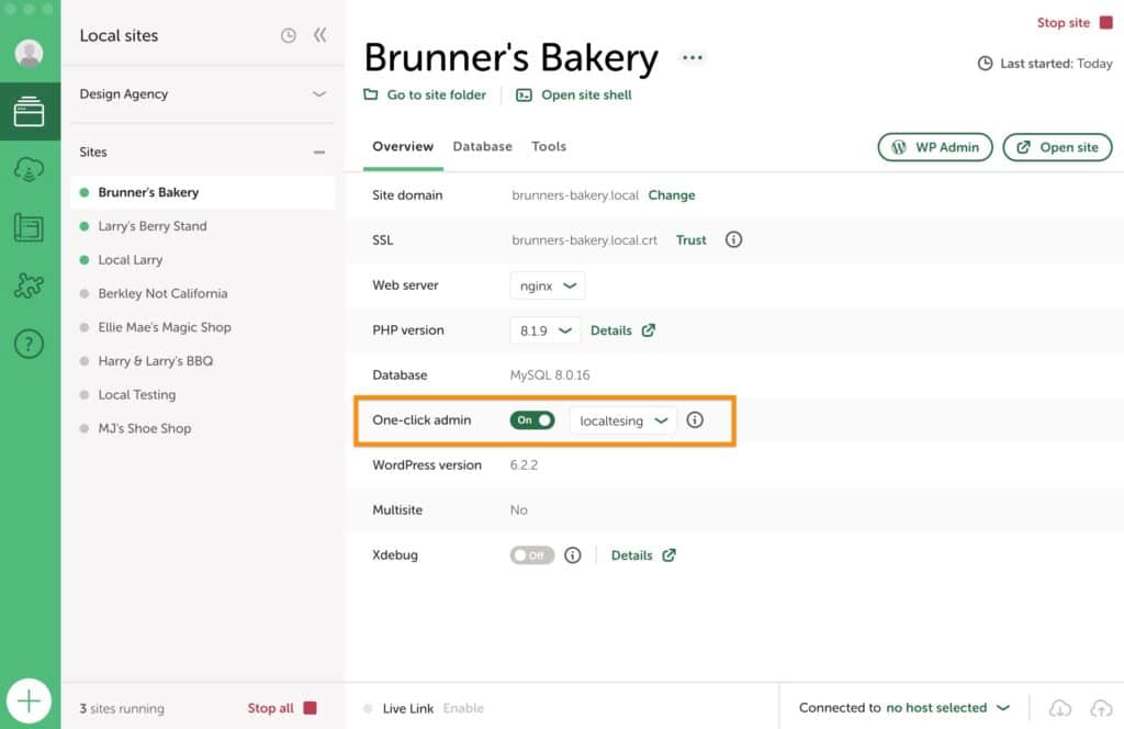 Local's one-click admin feature is turned on with an admin selected on the site Brunner's Bakery. This means when you will automatically be logged into this admin when you click the WP-Admin button.