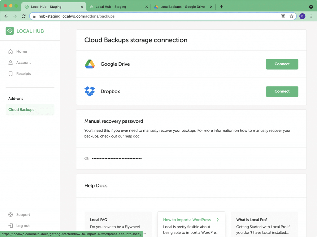 Screenshot of connecting to a cloud hosting provider within your Local Account.