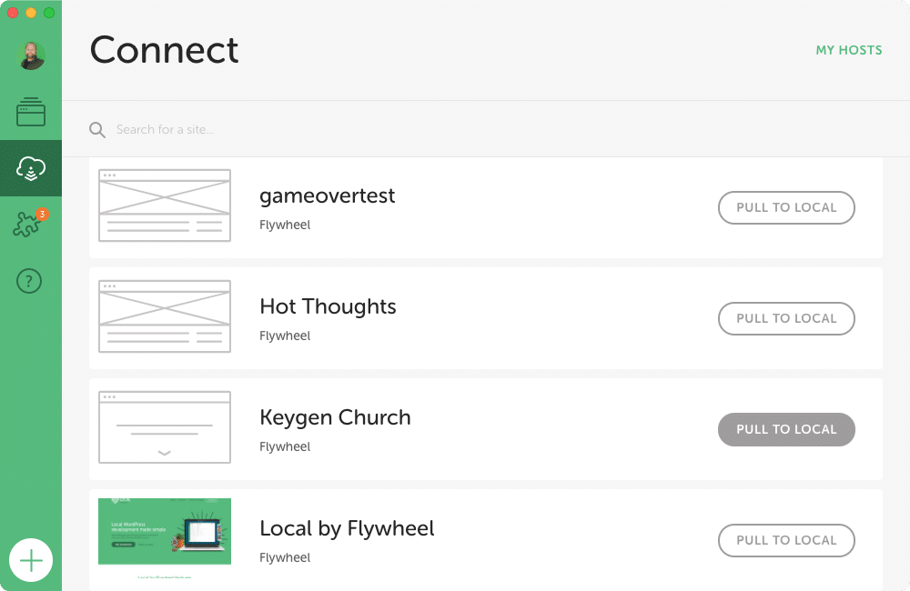A screenshot of the Connect tab in Local where you can pull a remote site down.