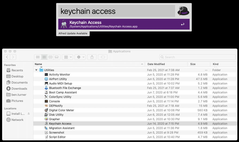 A screenshot of finding and launching the Keychain Access application using Finder or Alfred.