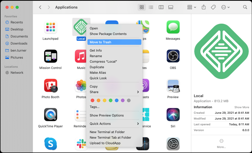 Screenshot of deleting the Local app from the Applications folder.